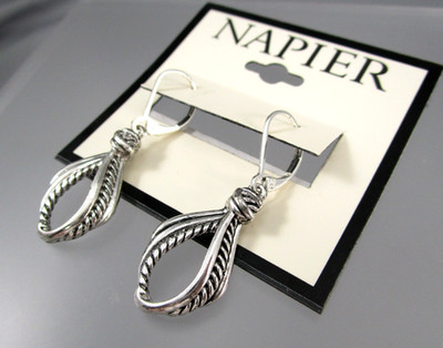 New NAPIER 1.5'' Silver Tone Dangling Oblong Loop Leverback Pierced Earrings 180K