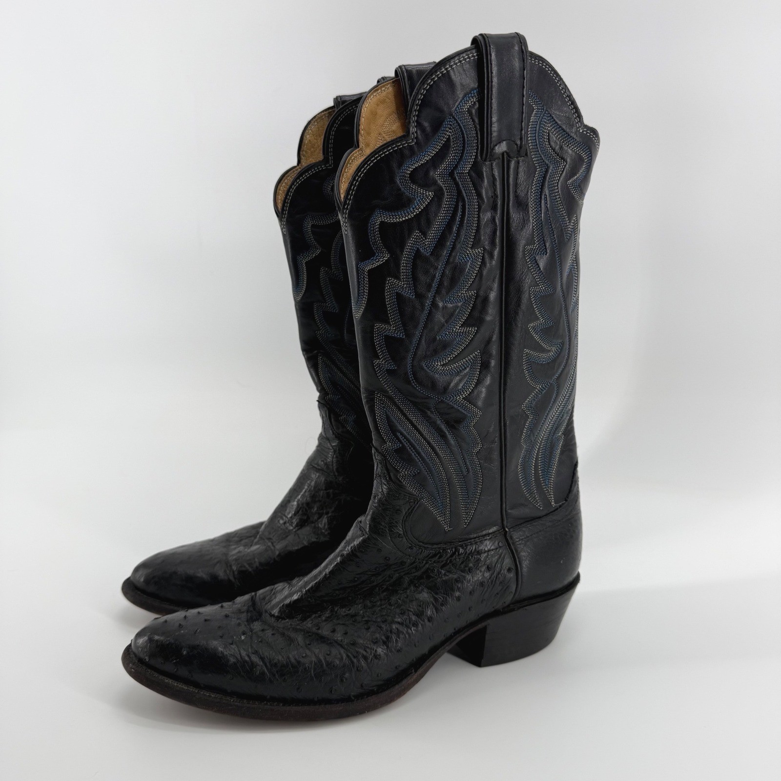VTG Justin Mens Black Full Quill Ostrich Leather Cowboy Boots Y5294 USA Made 8 D