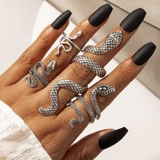 Gothic Snake Rings Set Adjustable Serpent Jewelry, Silver Tone, Statement Fash