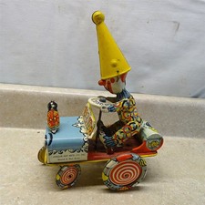 Vintage Unique Art MFG Tin Wind-Up Art The Clown Jalopy Car, Circus Toy 7"