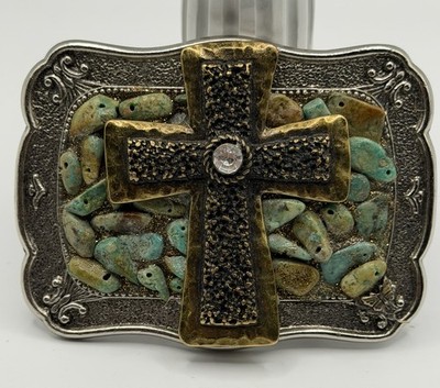 Vintage P Kellogg Signed Genuine Turquoise Cross Belt Buckle Artisan Silver