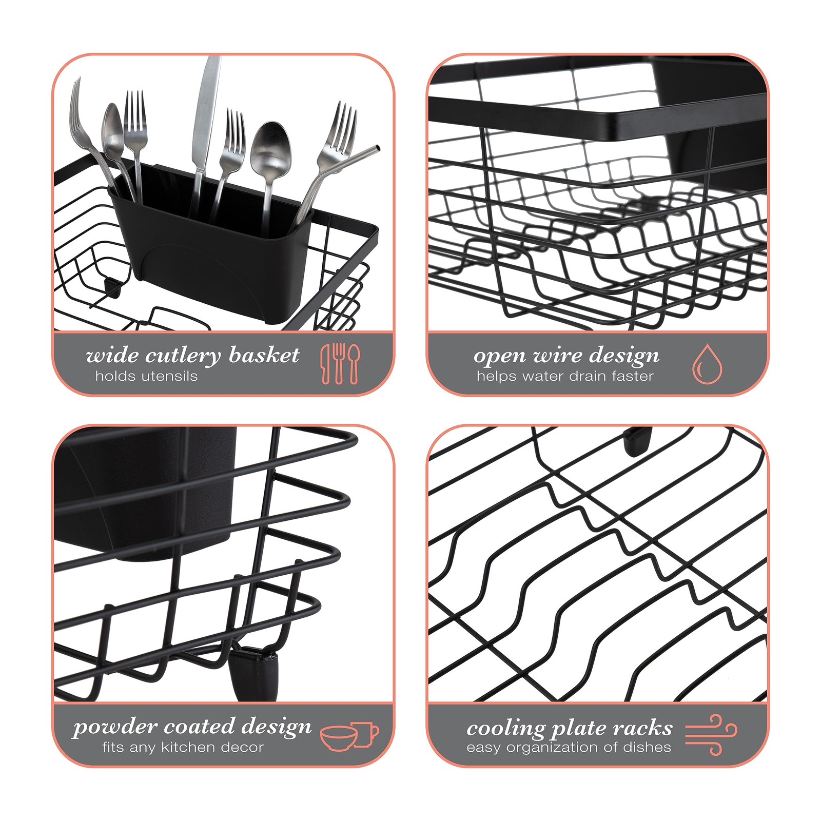 Kitchen Details Flat Wire Dish Drying Rack with Cutlery Basket Black
