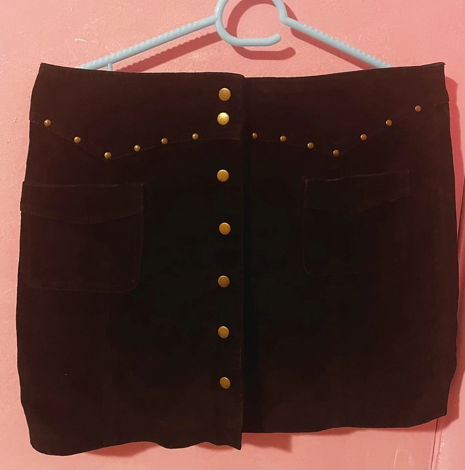 复古 90 年代 Roxy 100% 皮革黑色麂皮绒按扣迷你裙 5 码 — 第 3/4 张图片