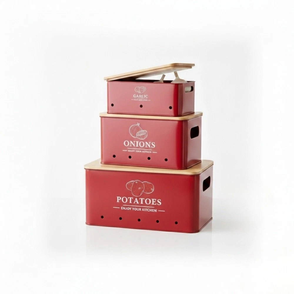 Rectangular Red Metal 3-Piece Vegetable Storage Containers Potato Onion Garlic