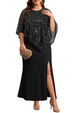 Pinup Fashion Black Sequin Cape Formal Evening Dress Plus Size 24