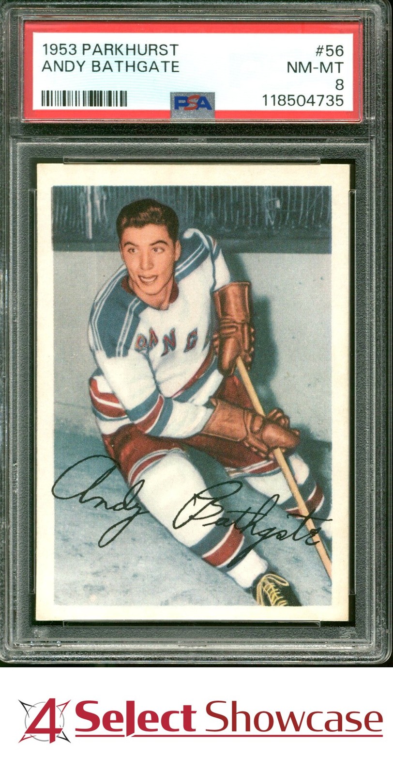 1953 PARKHURST #56 ANDY BATHGATE RC RANGERS HOF PSA 8