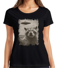 Raccoon UFO Vintage Retro Alien Funny SciFi Space Sepia Womens T-Shirt