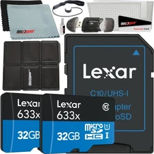 Lexar 2 Pack 32GB (64GB Total) MicroSDHC UHS-I Memory Cards + SD Adapter Bundle