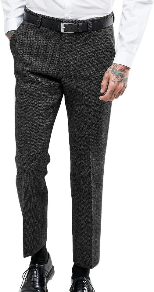 Calça social masculina de lã grossa espinha de peixe tweed retrô frente plana casual - Imagem 3 de 4