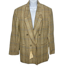 Vintage 80s La Redoute Ivory Houndstooth Wool Double Breasted Blazer Size 16