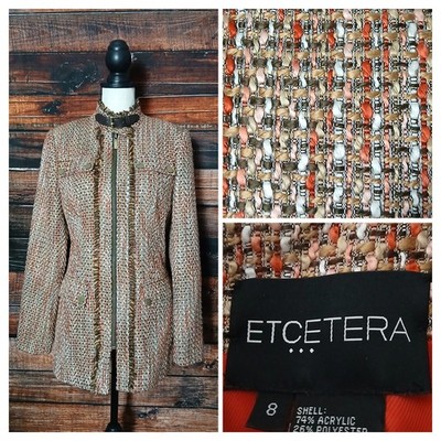 ETCETERA Coat Size 8 Woven Tweed Jacket Fringe Full Zip Lined Pockets Unique