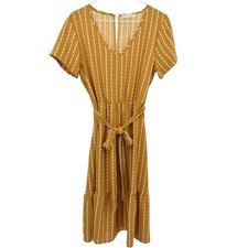 Anna Kaci Yellow White Stripe Short Sleeve Ruffle Trim Midi Dress Womens S