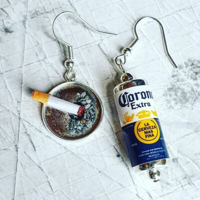 Handgefertigte CORONA DOSE & ZIGARETTE OHRRINGE MINIATUR fabelhafte LAGER Schwuchteln ZIGARETTE Bier