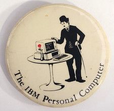 Vintage 80s The IBM Personal Computer  Charlie Chaplin Themed Pinback Button
