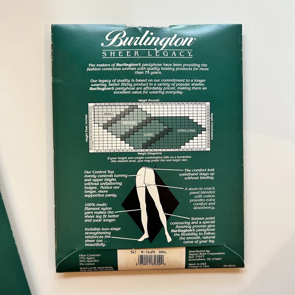 Burlington Pantyhose Sheer Legacy Taupe Control Sheer 341 NOS Lot 2 USA Size S - Image 3 of 3