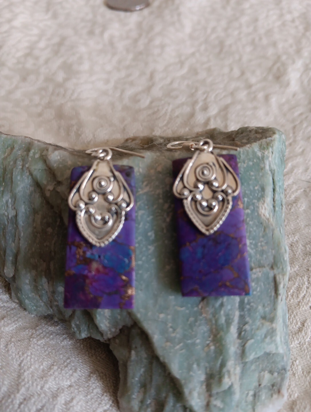 Purple Copper Turquoise Dangle Earrings Silver Ho… - image 1