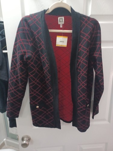 NEW Anne Klein plaid open front long cardigan diagonal check black red sweater S
