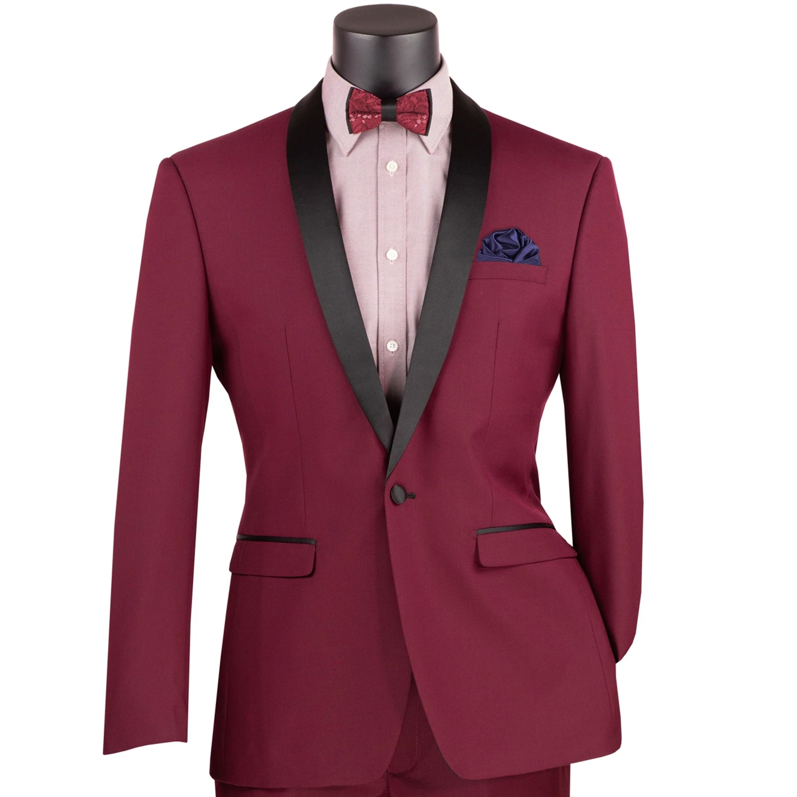 VINCI Men's Burgundy Shawl Collar One Button Slim Fit Formal Tuxedo Suit NEW