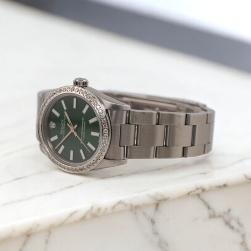 Rolex Oyster Perpetual 31 mm 1,75 ct diamanti quadrante verde acciaio orologio automatico - Foto 2 di 10