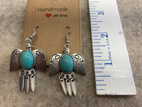 Southwestern Style Bird Turquoise Color Stone Dangle Earrings - New - Picture 6 of 7