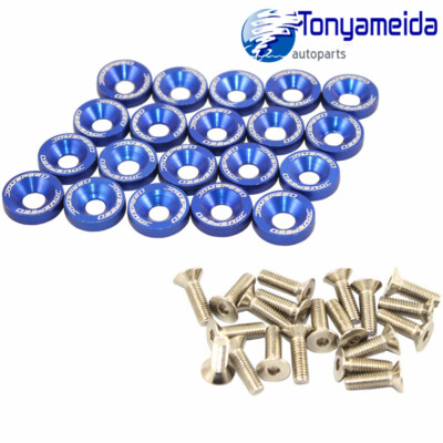 #ad 20 PC BLUE BILLET ALUMINUM FENDER BUMPER WASHER BOLT ENGINE BAY DRESS UP KIT $9.88