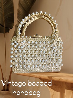 Vintage white beaded cream macrame Raffia small Hand purse Bag wedding  Summer