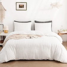 WARMDERN White Boho Duvet Cover Set King Size, Striped Textured Duvet Cover T...