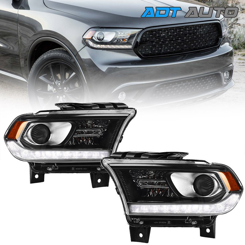 For Dodge Durango 2016-2020 Projector Halogen Headlight W/ LED DRL Black Pair