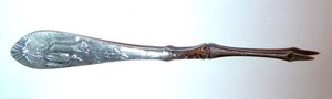 Antique Silver NUT PICK with SQUIRREL & Woodcock Bird Images Corn & Florals 1910