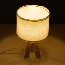 Wooden Tripod Base Table Lamp Modern Linen Shade Bedside Desk Light