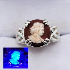 Sterling Cameo Uranium Glass Ring Size 7.5 Vintage Czech Glass 925 Silver