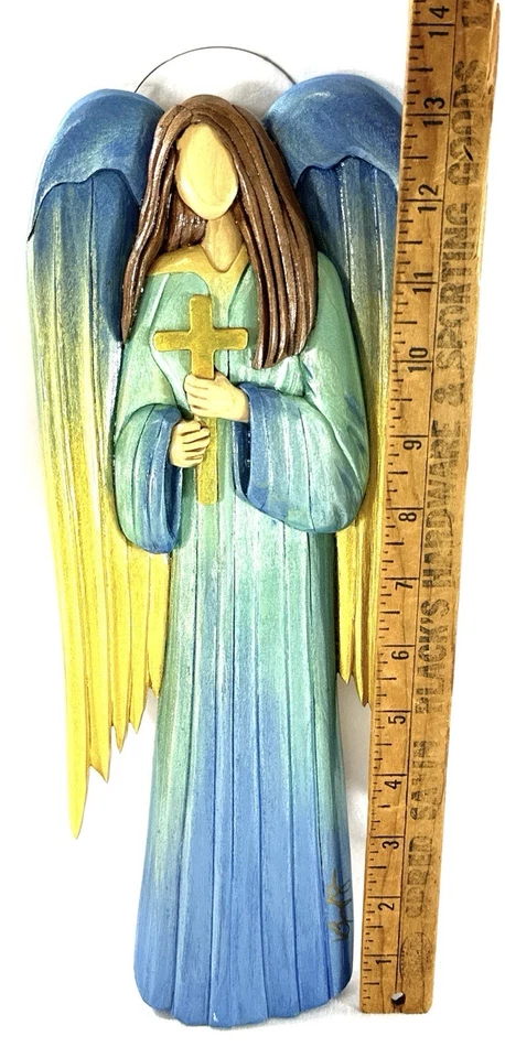 Bill Jeralds Madera Tallada a Mano Ángel Colgante de Pared Cruz de Fe 14” Angeldust Studi Foto 2 de 4
