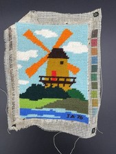 Finished Needlepoint Piece Windmill Scene Mesh Canvas Signed IA 76