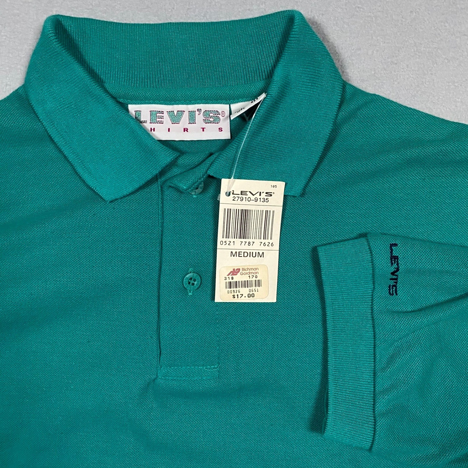 NWT Vintage Levis Mens Teal Green Pique Polo Shirt Medium NWT 27910-9135