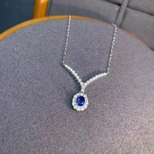 2.60CT Oval Cut CREATED Blue Sapphire Pendant 14K White Gold Plated Silver 18 - Image 2 of 4