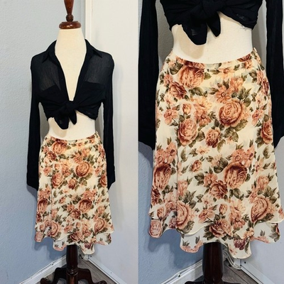 #ad Y2K Vintage Express Floral Layered Chiffon Skirt Rose Print Cream M Cottagecore $44.99