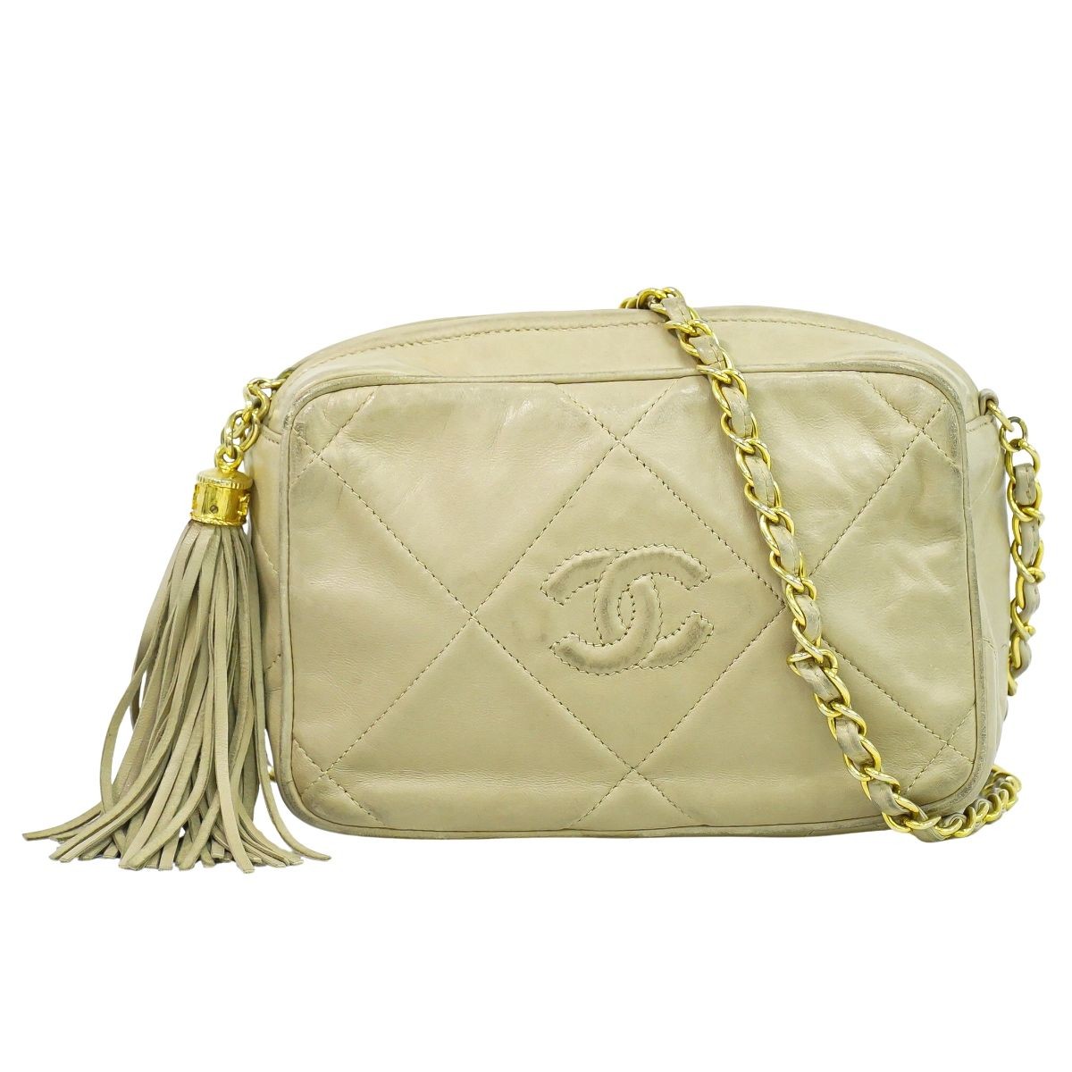 Chanel Matelasse Lambskin Tassel Chain Shoulder Bag Beige