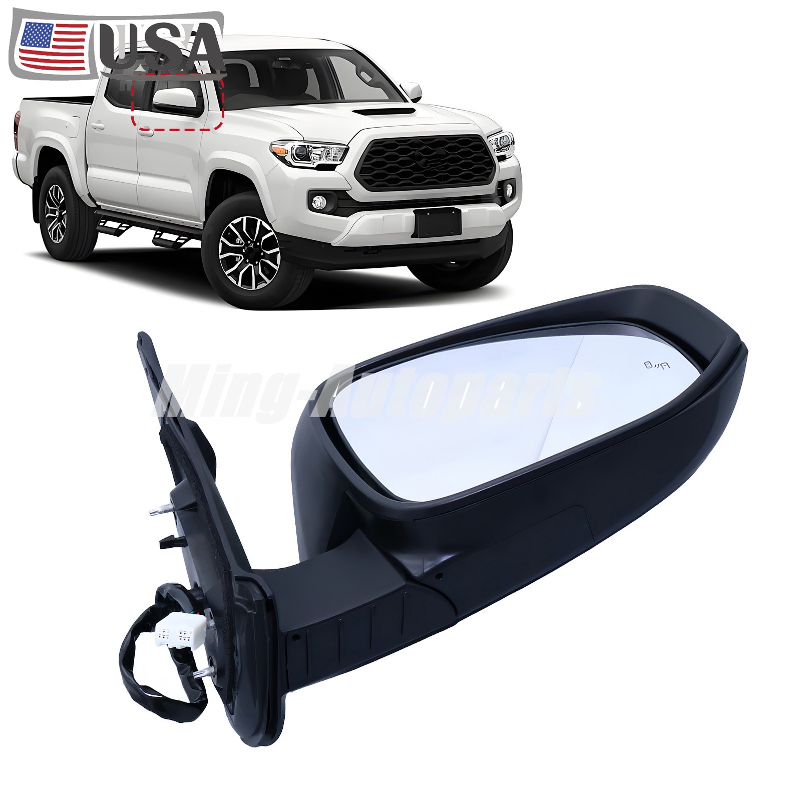 Fits 2016-2023 Toyota Tacoma White Passenger Right Side Mirror Heated Blind Spot