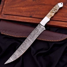 CUSTOM HANDMADE DAMASCUS HAMMERED RAM HORN CHEF KNIFE PREIMUM LEATHER SHEATH