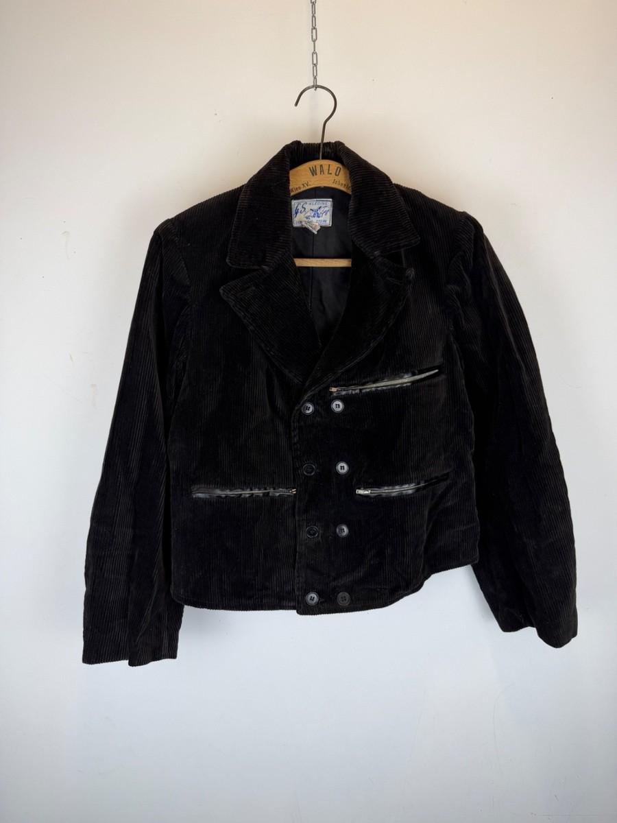 ジャケット・アウター VINTAGE DOUBLE BREASTED JACKET BLACK Vintage 1940s Black Corduroy Double Breasted Work Jacket Size 48