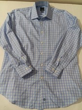 David Donahue Shirt Mens 17 34/35 TRIM FIT Blue Plaid Button Long Sleeve