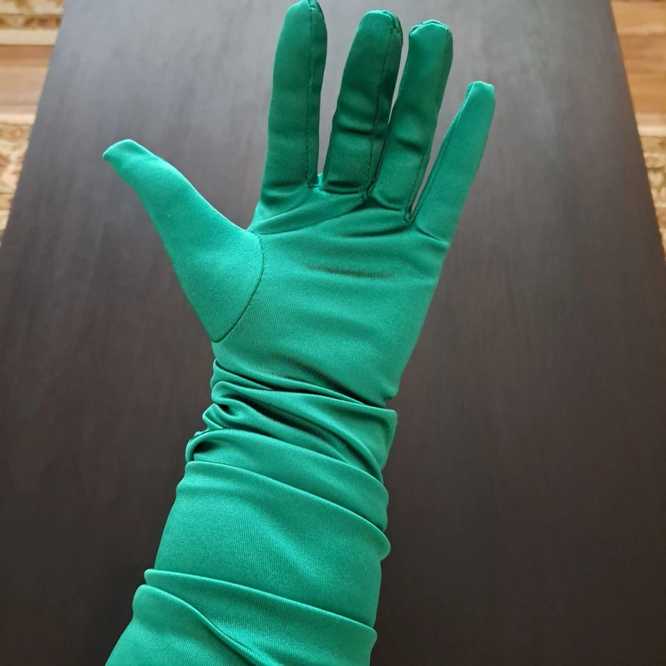 Guantes de ópera con acabado satinado verde 22" disfraz de Halloween elegante formal elástico Foto 3 de 4