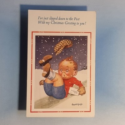 Comic Postkarte um 1965 Donald McGill Weihnachtspost Schnee Eis Junge Mütze verrutscht