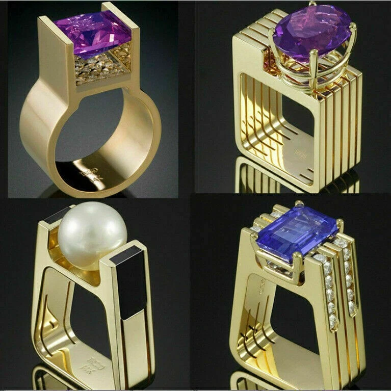 Anillos de circonita cúbica de boda corte amatista esmeralda geometría única joyería de fiesta Foto 2 de 4