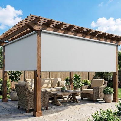 Outdoor Roller Shades Patio W/ New Operation Mode W/ Pull Rod-No Need Crank