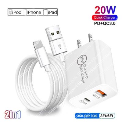 Dual Port QC 3.0 20W PD Fast Wall Adapter USB Cable For iPhone 12 11 8 7 Charger