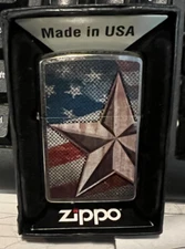 Zippo---Retro Star & USA Flag----Brushed Chrome Finish Lighter---28653