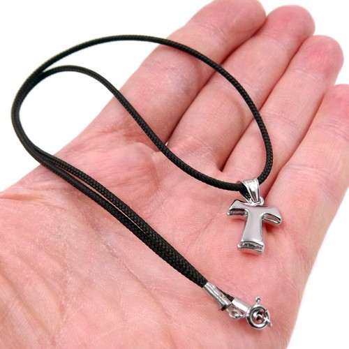 925 Silver Tau Tao Cross Mens Necklace Black Rope String - Picture 4 of 9