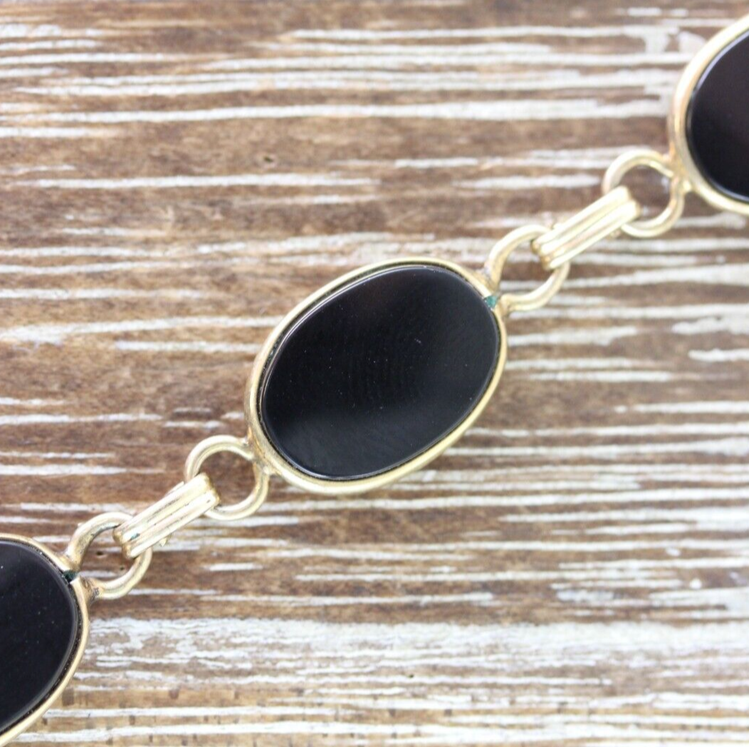 Vintage Gold-Filled Black Onyx Chain Link Retro Classic Stackable Bracelet 7.25 Inch
