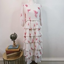Ganni Midi Dress White Floral Ruffle Tiered 34 XS Cottagecore Prairie Feminine